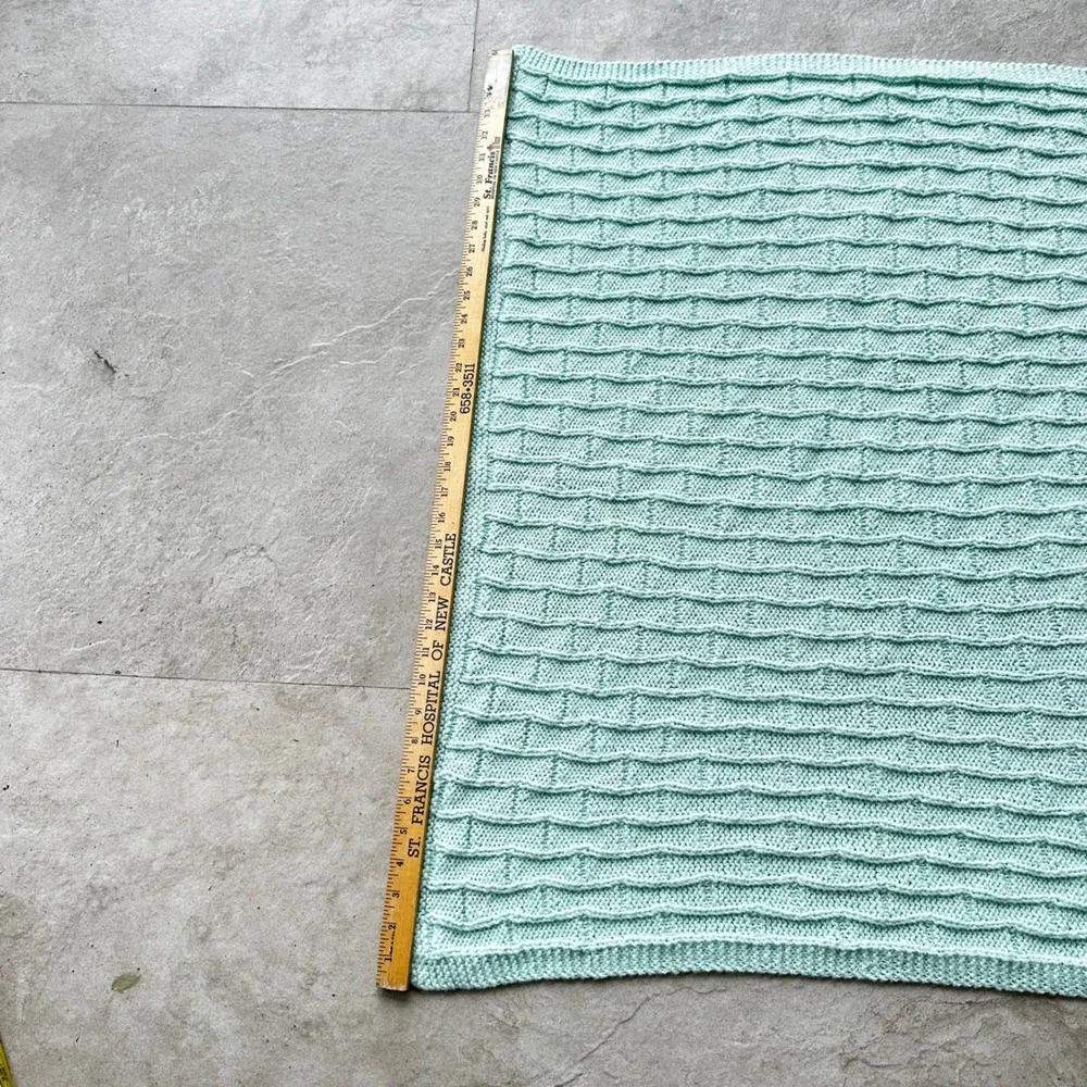 Handmade Mint Green Knit Baby Blanket Basketweave Textured Nursery Throw 33x33
